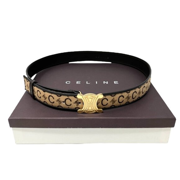 CELINE Vintage Macadam Logo Belt #32/80 Fashion Accessory Brown Gold [104586]